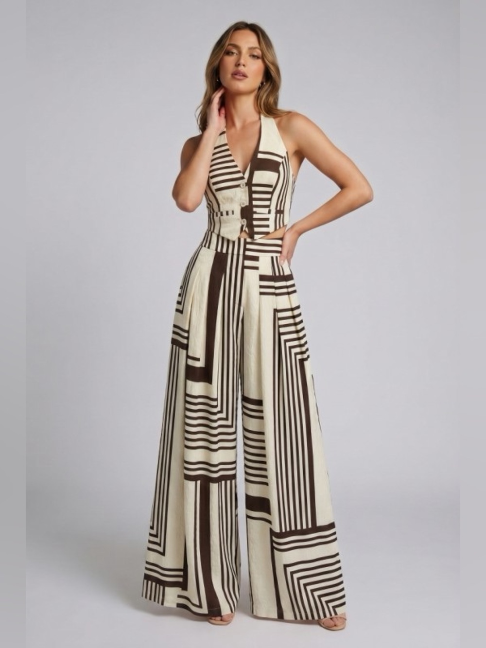 NWTGeometric Halter Vest and Wide-Leg Pants in Brown & Cream | 2 Piece Matching